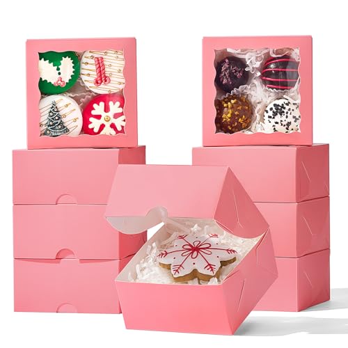 JCXGRVC 100 Pack 4x4x2 Inches Pink Bakery Boxes with Clear Window Perfect for Packaging Macaron Ores Chocolate Truffle Strawberry Cookie Donut Pie Treat Boxes for Wedding Valentine's Birthday - Image 1
