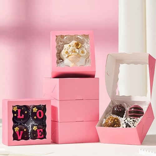 JCXGRVC 100 Pack 4x4x2 Inches Pink Bakery Boxes with Clear Window Perfect for Packaging Macaron Ores Chocolate Truffle Strawberry Cookie Donut Pie Treat Boxes for Wedding Valentine's Birthday - Image 5