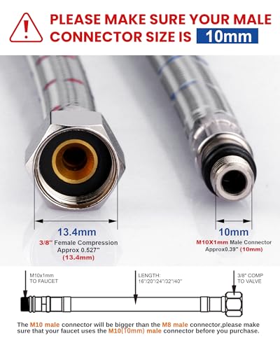WOWOW 24 Length Faucet Supply Line Bathroom Kitchen Faucet Lines Braided Nylon Sink HosecUPC Faucet Supply Lines 38 Female Compression Thread M10 Male Connector 2Pcs 1 Pair - Image 3