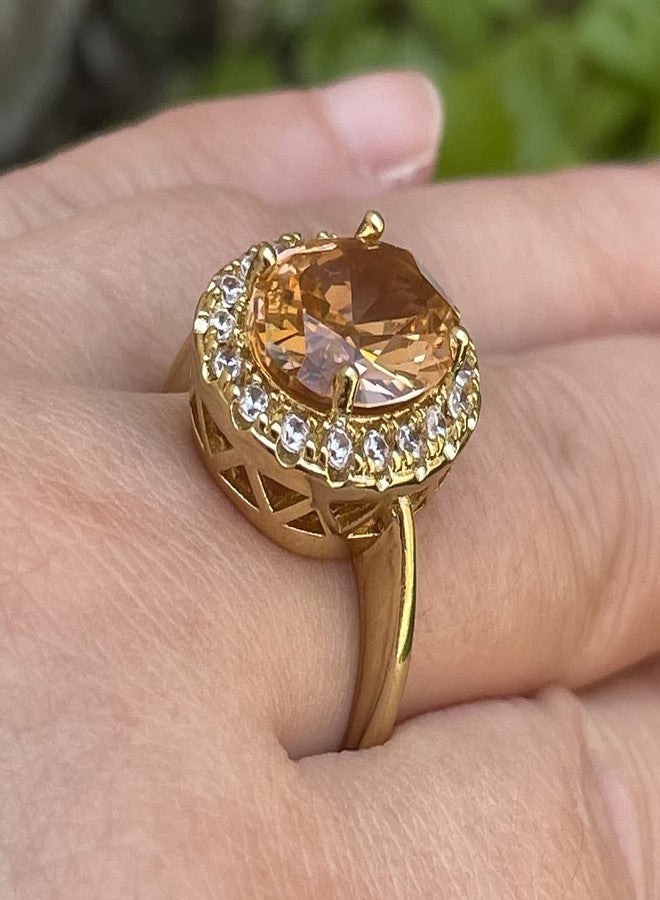 Hsitgexf Huge Oval Shaped CZ Cubic Zircon Wedding Party Statement Champagne Ring Engagement Inspired Cocktails Morganite Yellow Gold Plated Ring for Women (US Size 10) - Image 3
