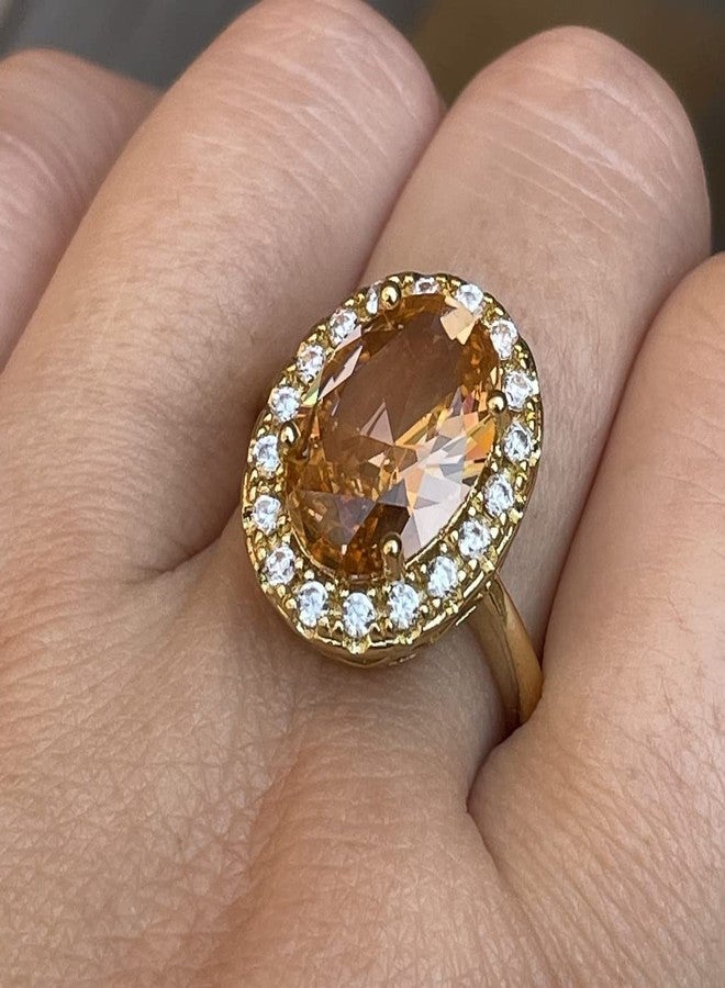 Hsitgexf Huge Oval Shaped CZ Cubic Zircon Wedding Party Statement Champagne Ring Engagement Inspired Cocktails Morganite Yellow Gold Plated Ring for Women (US Size 10) - Image 1