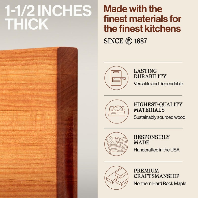 John Boos R-Board Series Rectangular Wooden Cherry Cutting Board 18â€x12â€ â€“ 1.5â€ Thick, 7-lb Reversible Butcher Block with Edge-Grain & Finger Grips â€“ Made in the USA - Image 3