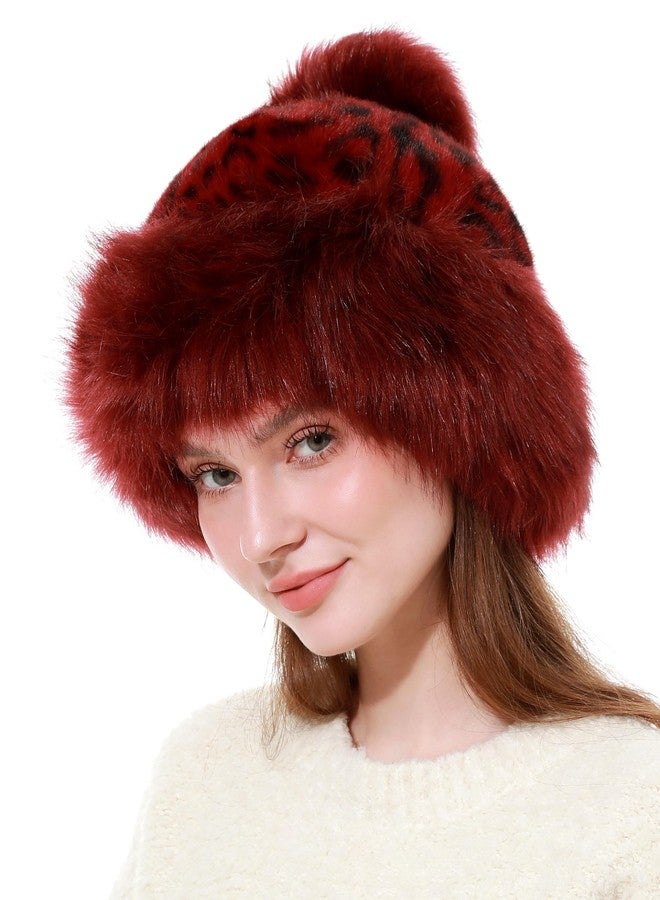 LA CARRIE Women's Faux Fur Hat Russian Cossack Pompom Cap for Winter Ski Snow(Leopard Red) - Image 3