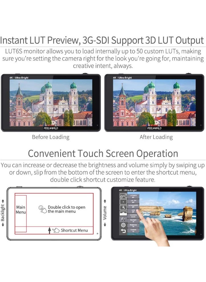FEELWORLD LUT6S 6" Field Monitor – 2600nit Ultra-Bright HDR/3D LUT Touch Screen, 3G-SDI & 4K HDMI In/Out, 1920x1080 IPS, Waveform/Vectorscope/Histogram, Built-In Cooling Fan, For DSLR, Mirrorless & Cinema Cameras - Image 3