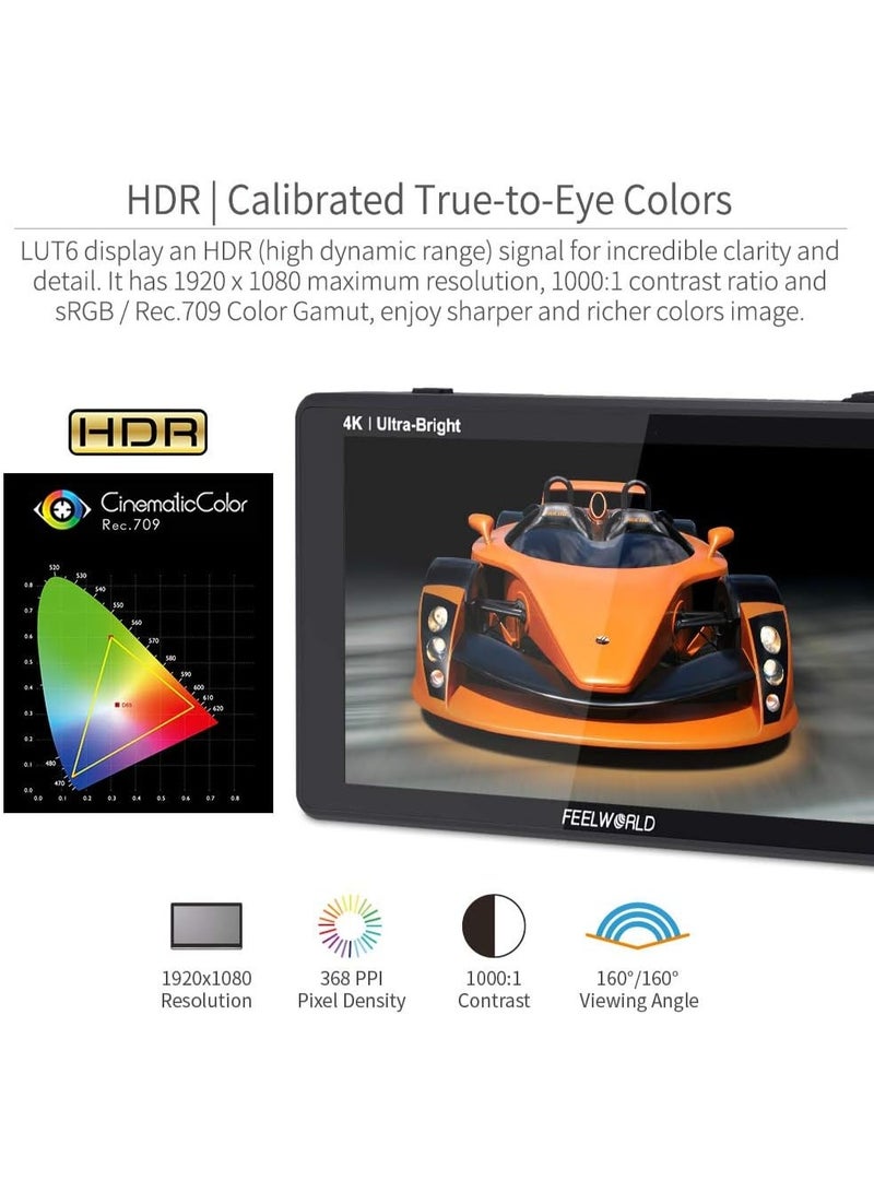 FEELWORLD LUT6S 6" Field Monitor – 2600nit Ultra-Bright HDR/3D LUT Touch Screen, 3G-SDI & 4K HDMI In/Out, 1920x1080 IPS, Waveform/Vectorscope/Histogram, Built-In Cooling Fan, For DSLR, Mirrorless & Cinema Cameras - Image 4