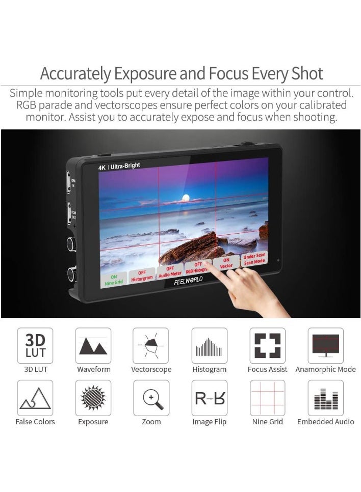 FEELWORLD LUT6S 6" Field Monitor – 2600nit Ultra-Bright HDR/3D LUT Touch Screen, 3G-SDI & 4K HDMI In/Out, 1920x1080 IPS, Waveform/Vectorscope/Histogram, Built-In Cooling Fan, For DSLR, Mirrorless & Cinema Cameras - Image 5