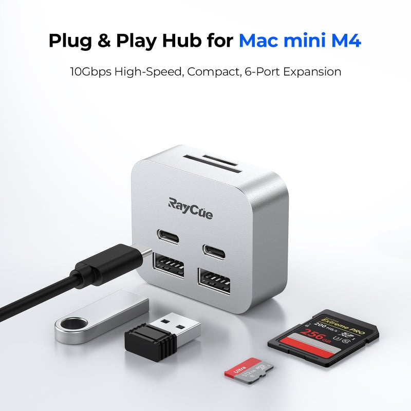 RayCue MiniPack Expansion Dock for Mac mini M4 | 6-Port USB-C Hub with Dual 10Gbps Adapters, 2 * 10G USB-C/ 2 * 10G USB-A/SD TF 3.0 Card Reader | High-Speed Data Transfer & Multi-Device Connectivity - Image 2