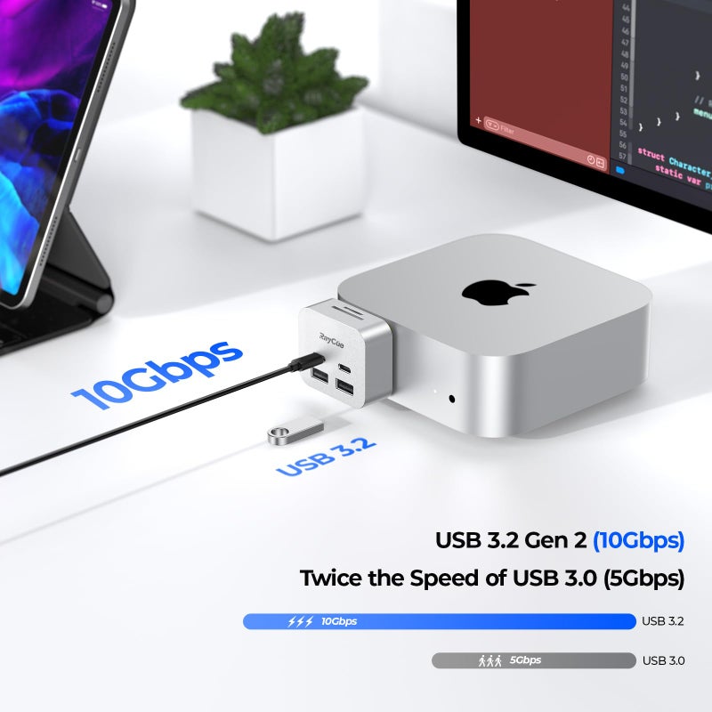 RayCue MiniPack Expansion Dock for Mac mini M4 | 6-Port USB-C Hub with Dual 10Gbps Adapters, 2 * 10G USB-C/ 2 * 10G USB-A/SD TF 3.0 Card Reader | High-Speed Data Transfer & Multi-Device Connectivity - Image 4