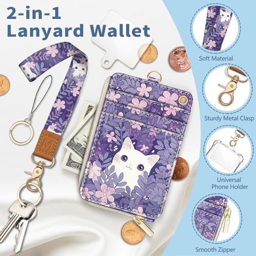 Mavellin Lanyard Wallet with Id Badge Holder, White Cat RFID Small Keychain Wallet Women Wristlet, Cute Zipper Credit Card Holder Phone Wrist Neck Strap for Key Name Tag, Teacher Student Office Gifts - Image 3