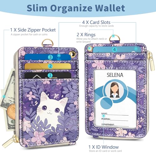 Mavellin Lanyard Wallet with Id Badge Holder, White Cat RFID Small Keychain Wallet Women Wristlet, Cute Zipper Credit Card Holder Phone Wrist Neck Strap for Key Name Tag, Teacher Student Office Gifts - Image 4