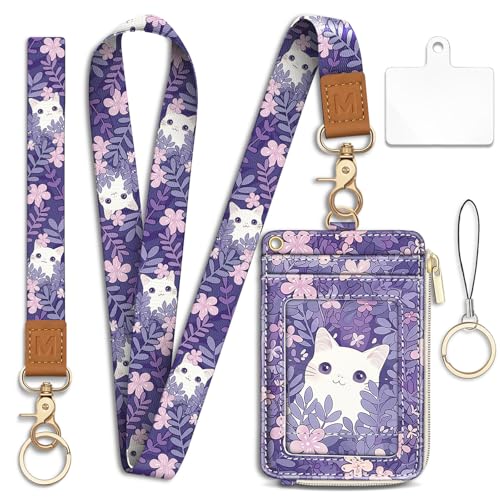 Mavellin Lanyard Wallet with Id Badge Holder, White Cat RFID Small Keychain Wallet Women Wristlet, Cute Zipper Credit Card Holder Phone Wrist Neck Strap for Key Name Tag, Teacher Student Office Gifts - Image 1