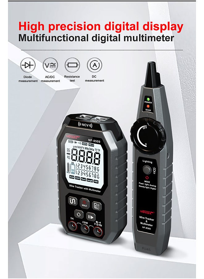 NOYAFA - Network Cable Tester Wire Tracker with Multimeter Multifunctional Ethernet Wire Tracker DC AC Voltmeter with Cable Tracing/Length Test/POE Test - Image 1