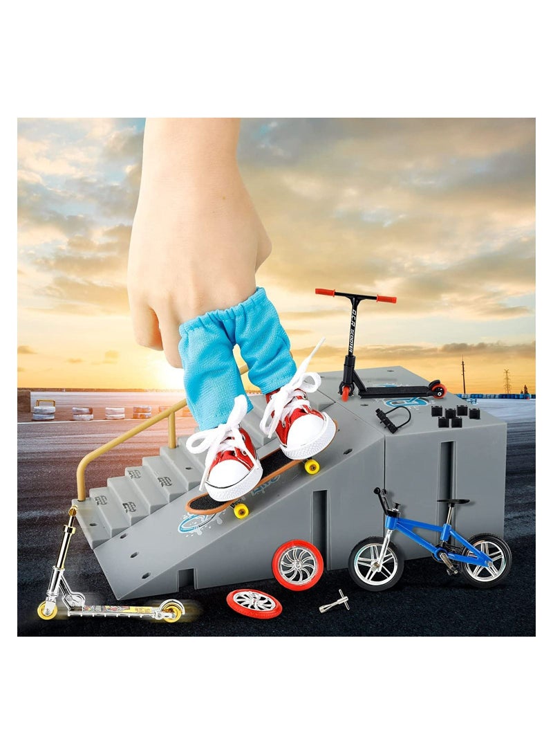 SYOSI Finger Skateboard Ramp Set, Mini Skate Park Kit for Finger Skateboard Bike DIY Assembly Ramp Accessories Set Movement Educational Finger Toy Children Gifts, 3 Ramps, 4 Skateboard Bikes and Accessories - Image 4