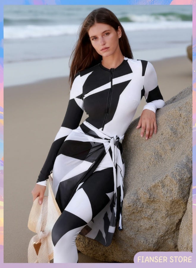 فيانسر بوركيني 3 قطع طقم ملابس سباحة أكمام طويلة مع تنورة شيفون ملفوفة تغطية كاملة مطبوعات هندسية أزياء محتشمة ملابس شاطئ محتشمة إسلامية للمسلمات كلاسيكية ملابس عربية حماية من الشمس بدلة غوص بدلة ركوب الأمواج تجفيف سريع زي سباحة بسحّاب سروال طويل - Image 1
