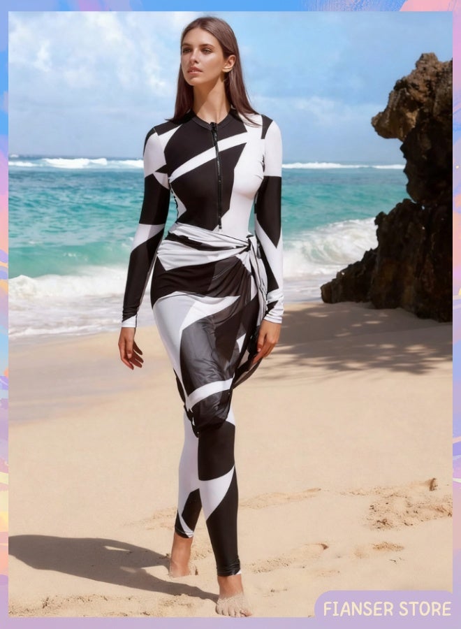 فيانسر بوركيني 3 قطع طقم ملابس سباحة أكمام طويلة مع تنورة شيفون ملفوفة تغطية كاملة مطبوعات هندسية أزياء محتشمة ملابس شاطئ محتشمة إسلامية للمسلمات كلاسيكية ملابس عربية حماية من الشمس بدلة غوص بدلة ركوب الأمواج تجفيف سريع زي سباحة بسحّاب سروال طويل - Image 2