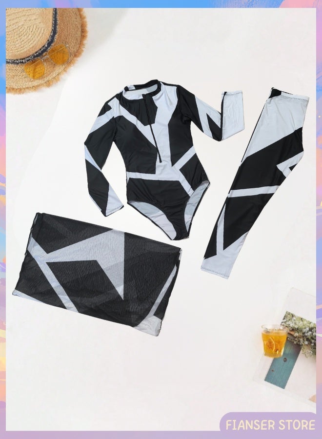 فيانسر بوركيني 3 قطع طقم ملابس سباحة أكمام طويلة مع تنورة شيفون ملفوفة تغطية كاملة مطبوعات هندسية أزياء محتشمة ملابس شاطئ محتشمة إسلامية للمسلمات كلاسيكية ملابس عربية حماية من الشمس بدلة غوص بدلة ركوب الأمواج تجفيف سريع زي سباحة بسحّاب سروال طويل - Image 4