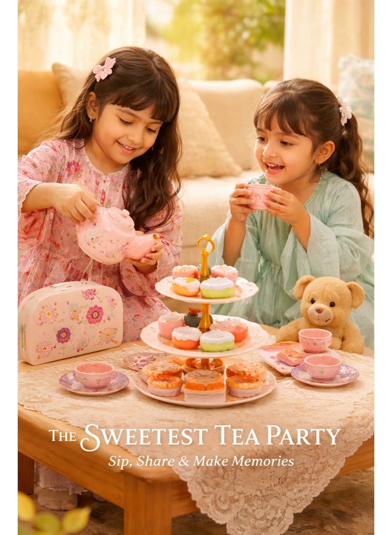 Joudiplay 42-Piece Girls’ Afternoon Tea Party Play Set, Children’s Pretend Play Tea Set, Tin Tea Set for Afternoon Tea Parties, Cakes and Sweets Gift Set, Princess-themed Children’s Kitchen Role-Play Toys, including a realistic teapot, teacups, a tea tray, a cake, biscuits and a storage box with a metal clasp - Image 2