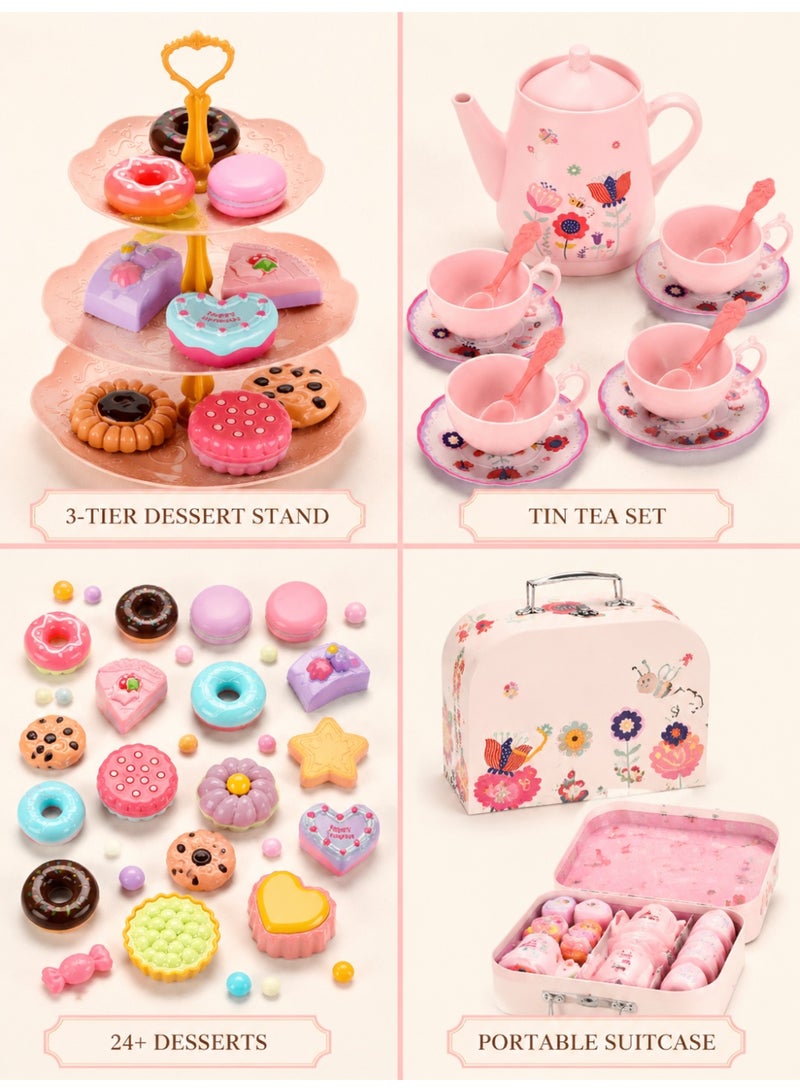 Joudiplay 42-Piece Girls’ Afternoon Tea Party Play Set, Children’s Pretend Play Tea Set, Tin Tea Set for Afternoon Tea Parties, Cakes and Sweets Gift Set, Princess-themed Children’s Kitchen Role-Play Toys, including a realistic teapot, teacups, a tea tray, a cake, biscuits and a storage box with a metal clasp - Image 3