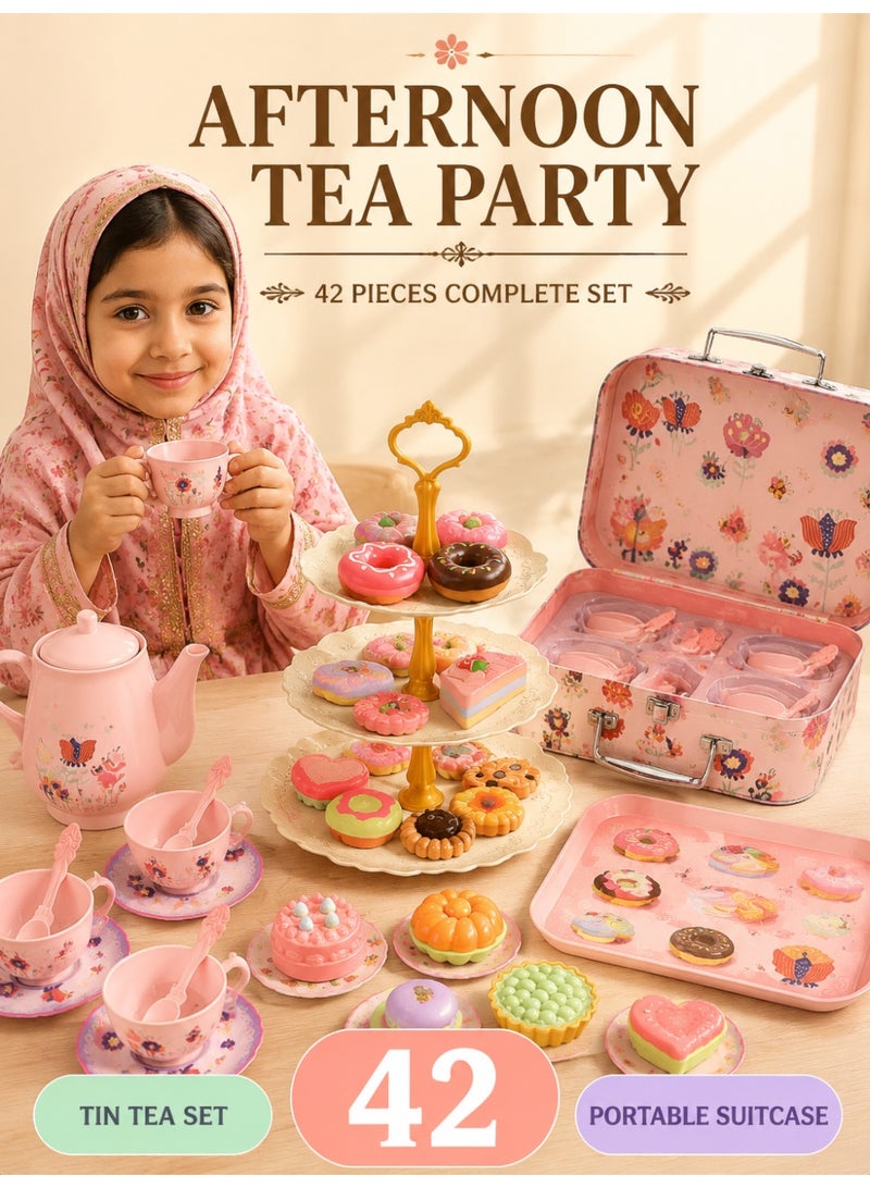 Joudiplay 42-Piece Girls’ Afternoon Tea Party Play Set, Children’s Pretend Play Tea Set, Tin Tea Set for Afternoon Tea Parties, Cakes and Sweets Gift Set, Princess-themed Children’s Kitchen Role-Play Toys, including a realistic teapot, teacups, a tea tray, a cake, biscuits and a storage box with a metal clasp - Image 1
