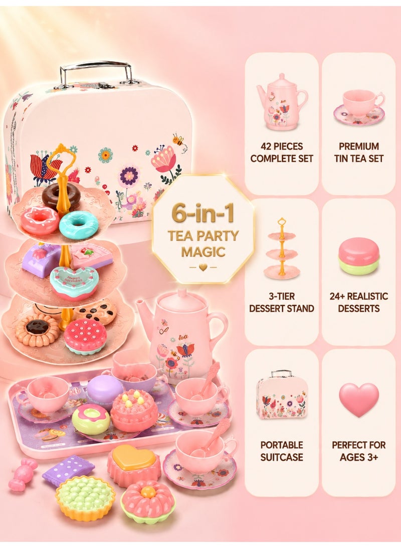 Joudiplay 42-Piece Girls’ Afternoon Tea Party Play Set, Children’s Pretend Play Tea Set, Tin Tea Set for Afternoon Tea Parties, Cakes and Sweets Gift Set, Princess-themed Children’s Kitchen Role-Play Toys, including a realistic teapot, teacups, a tea tray, a cake, biscuits and a storage box with a metal clasp - Image 4