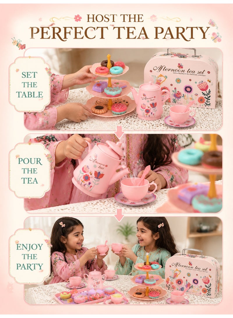Joudiplay 42-Piece Girls’ Afternoon Tea Party Play Set, Children’s Pretend Play Tea Set, Tin Tea Set for Afternoon Tea Parties, Cakes and Sweets Gift Set, Princess-themed Children’s Kitchen Role-Play Toys, including a realistic teapot, teacups, a tea tray, a cake, biscuits and a storage box with a metal clasp - Image 5