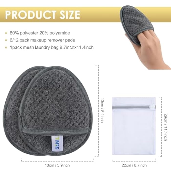 SINLAND Reusable Makeup Remover Pads For Face,Eye,Lips Microfiber Gentle Facial Cleansing Cloths for All Skin Types Friendly for Makeup Remover With Laundry Bag 5.1inchx3.93inch Gray Pack of 12 - Image 2