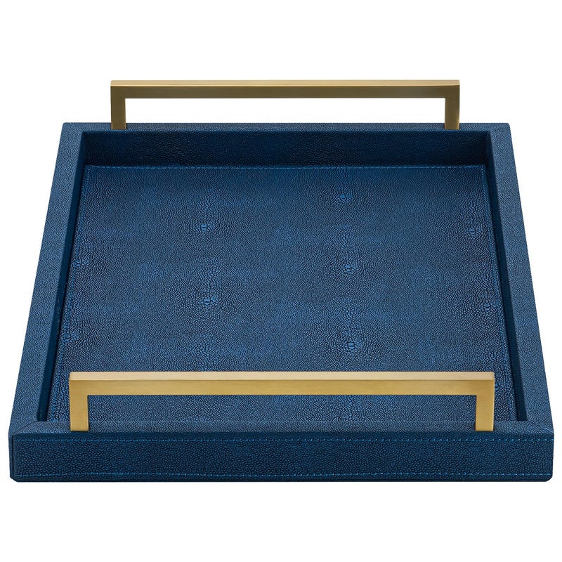 XIGEXIGE Navy Blue Decorative Serving Tray Shagreen Leather Coffee Table Tray Rectangle for Home Decor
