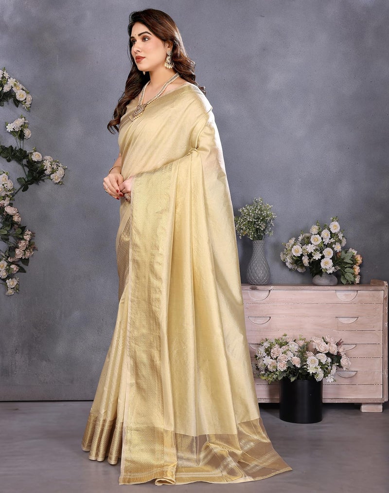 Yashika Women's Banarasi Kanjivaram Silk Woven Saree with Blouse Material|| Onam Pongal Special South Indian kerala Sarees_AZ-YA-P3-KANJIVARAM CREAM - Image 5