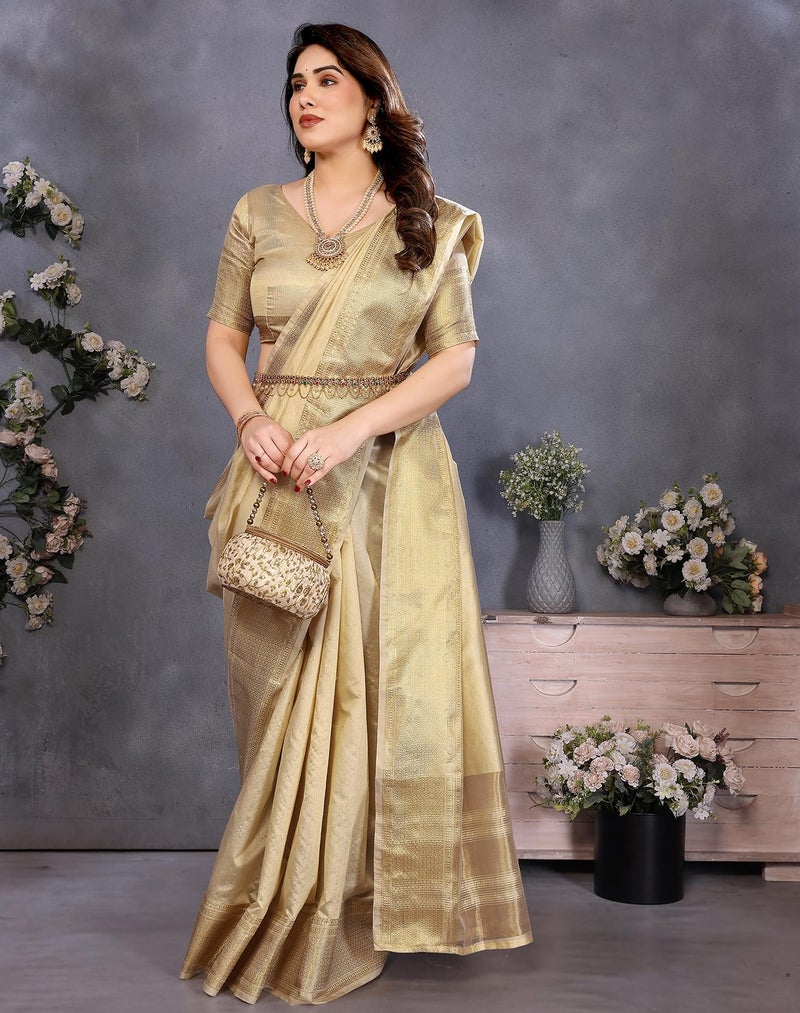 Yashika Women's Banarasi Kanjivaram Silk Woven Saree with Blouse Material|| Onam Pongal Special South Indian kerala Sarees_AZ-YA-P3-KANJIVARAM CREAM - Image 3