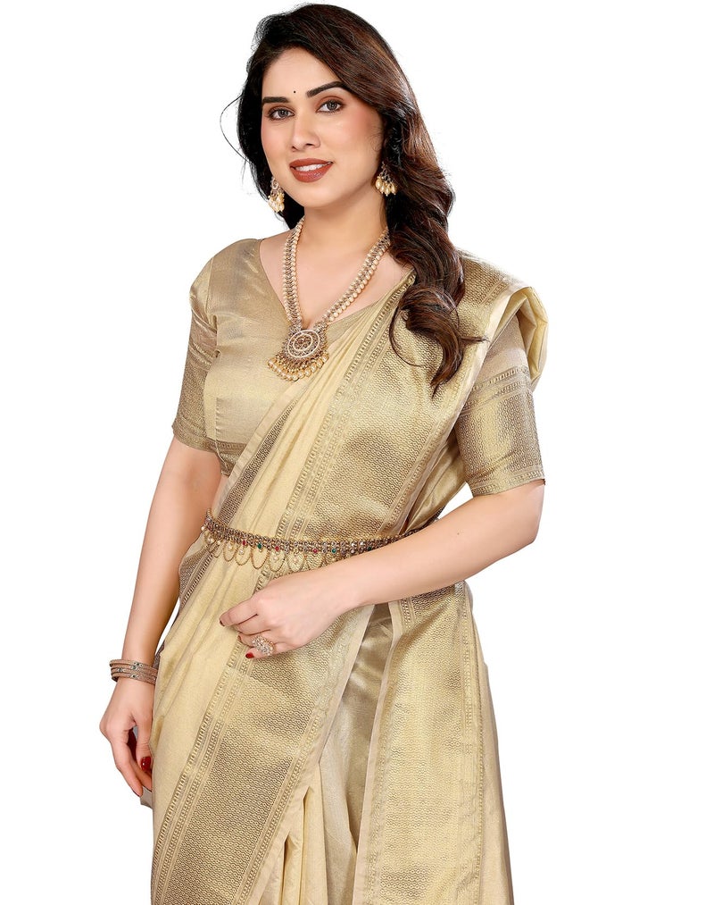 Yashika Women's Banarasi Kanjivaram Silk Woven Saree with Blouse Material|| Onam Pongal Special South Indian kerala Sarees_AZ-YA-P3-KANJIVARAM CREAM - Image 1