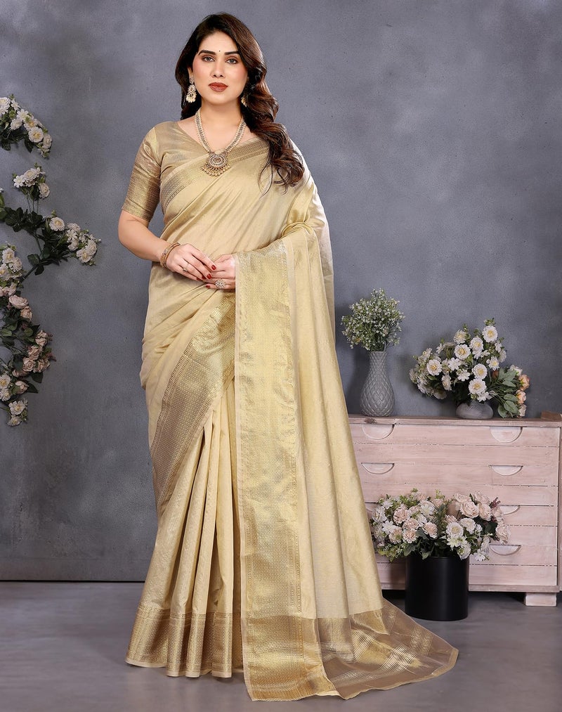 Yashika Women's Banarasi Kanjivaram Silk Woven Saree with Blouse Material|| Onam Pongal Special South Indian kerala Sarees_AZ-YA-P3-KANJIVARAM CREAM - Image 2