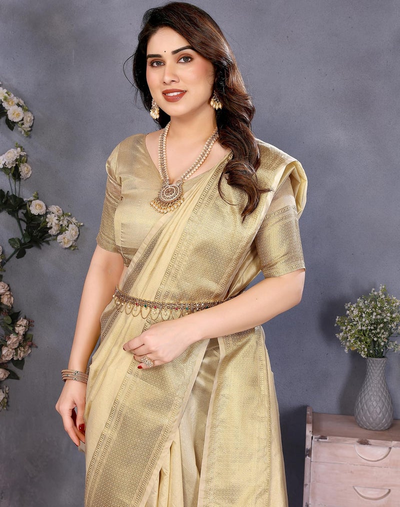 Yashika Women's Banarasi Kanjivaram Silk Woven Saree with Blouse Material|| Onam Pongal Special South Indian kerala Sarees_AZ-YA-P3-KANJIVARAM CREAM - Image 4