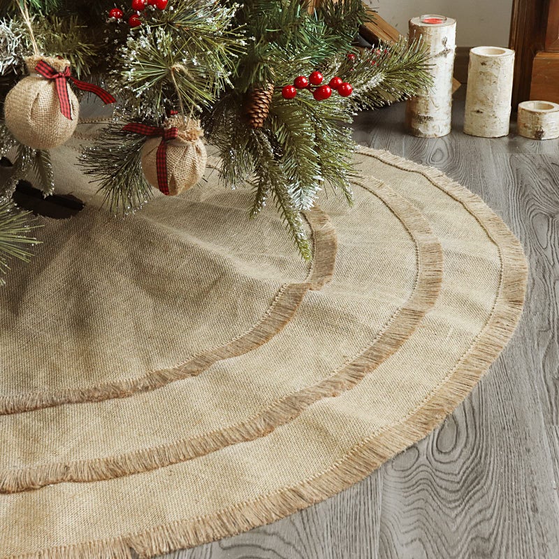 Ivenf Christmas Tree Skirt 48 inches Natural Burlap Jute Plain with Tassels Rustic Xmas Holiday Decoration