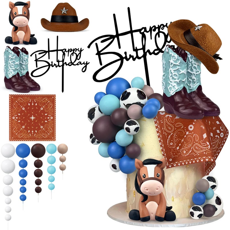 KEEPARTY 31 Pcs Cowboy Cake Decorations Hat Boot Balls And Horse Cake Toppers For Western Theme Birthday Baby Shower Cowboy Cowgirl Party Supplies - Image 1