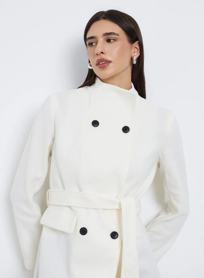 Styli Regular Fit Double Breasted Belted Wool Like Coat