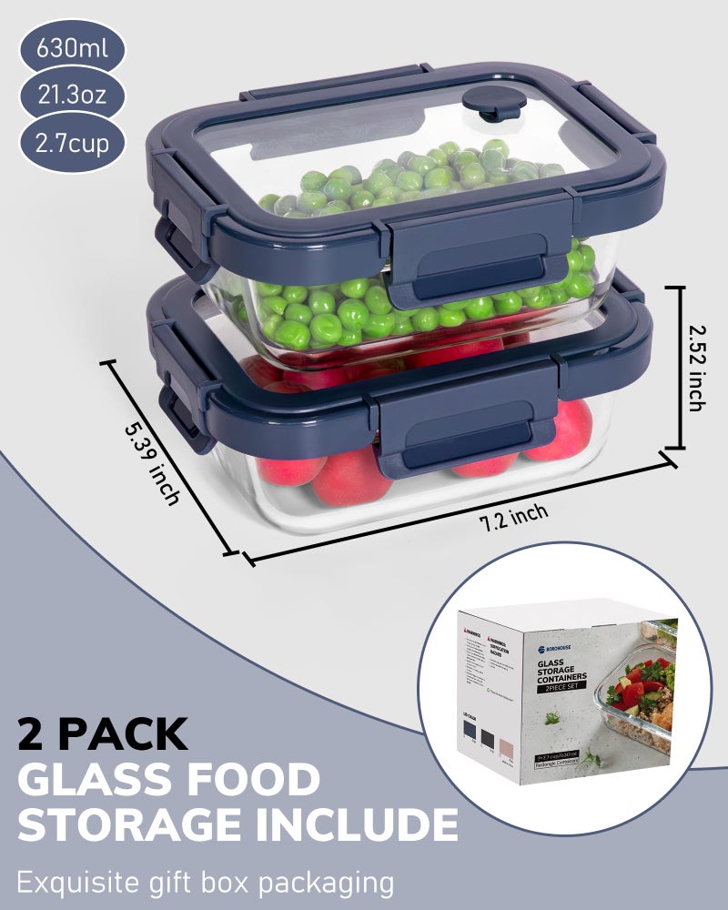 BOROHOUSE 2-Pack Glass Food Storage Containers with Tempered Lids (21.3oz/2.7cup) - Airtight Snap Lock, Microwave & Oven Safe (-4â„‰~ 950Â°F), Freezer to Baking Dish, BPA-Free, Gift Box (Blue) - Image 2