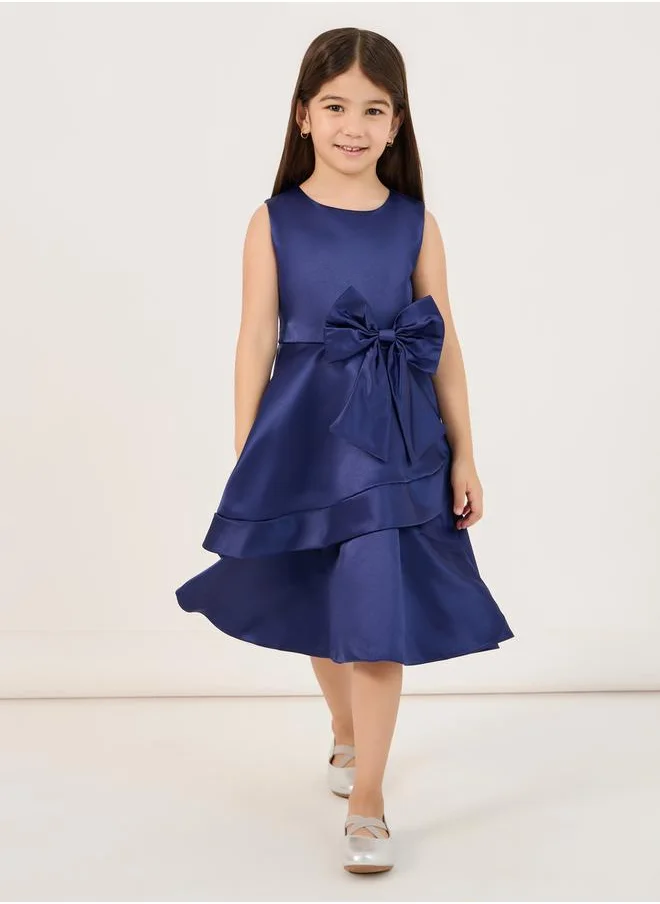 Styli Solid Sleeveless Knee Length Dress with Bow Detail