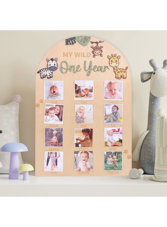 LINGANA My Wild One Year Photo Board - Jungle Safari 1st Birthday Decorations,Animals 1 to 12 Months Photo Wooden Board,Woodland Monthly Photos Display Sign,Wildlife First Year Milestone Photos - Image 2