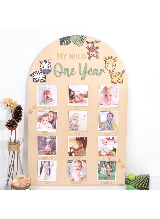 LINGANA My Wild One Year Photo Board - Jungle Safari 1st Birthday Decorations,Animals 1 to 12 Months Photo Wooden Board,Woodland Monthly Photos Display Sign,Wildlife First Year Milestone Photos - Image 5