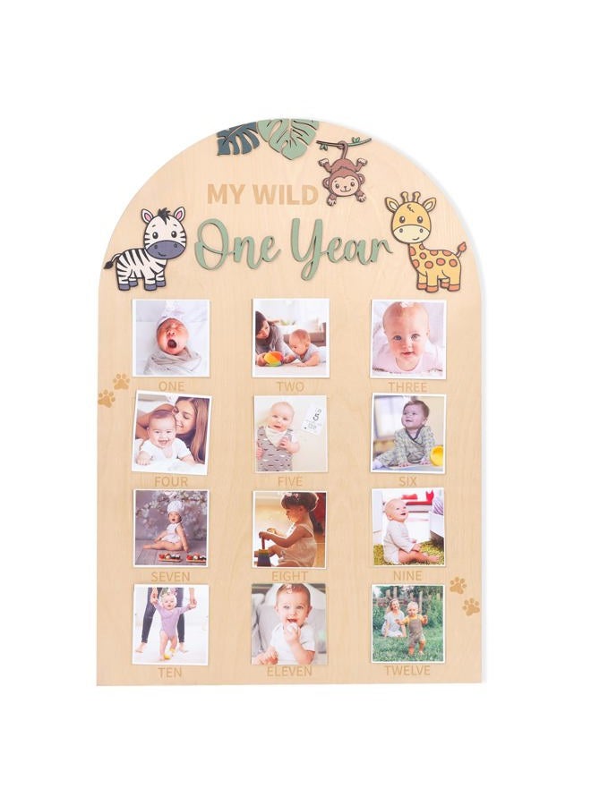 LINGANA My Wild One Year Photo Board - Jungle Safari 1st Birthday Decorations,Animals 1 to 12 Months Photo Wooden Board,Woodland Monthly Photos Display Sign,Wildlife First Year Milestone Photos - Image 1