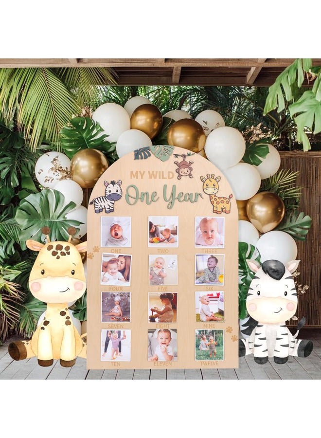 LINGANA My Wild One Year Photo Board - Jungle Safari 1st Birthday Decorations,Animals 1 to 12 Months Photo Wooden Board,Woodland Monthly Photos Display Sign,Wildlife First Year Milestone Photos - Image 4
