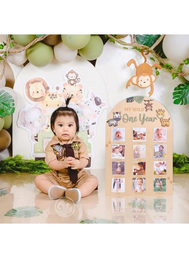 LINGANA My Wild One Year Photo Board - Jungle Safari 1st Birthday Decorations,Animals 1 to 12 Months Photo Wooden Board,Woodland Monthly Photos Display Sign,Wildlife First Year Milestone Photos - Image 3