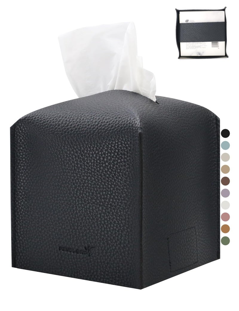 PENGLONG Tissue Box Cover 5X5X5'' PU Leather Tissue Holder Square Tissue Cube Box Organizer for Bathroom Vanity Countertop, Car, Night Stands, Office, Home, Kitchen (1Pack, Black) - Image 1