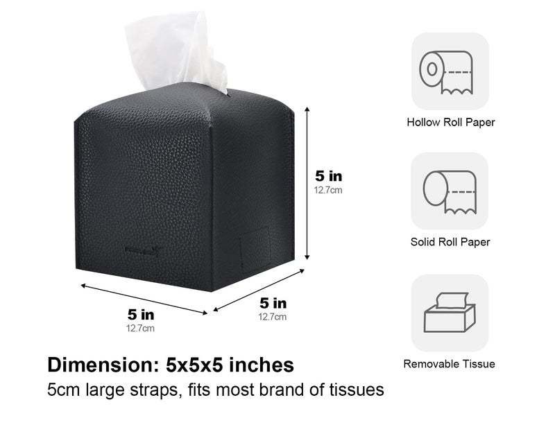 PENGLONG Tissue Box Cover 5X5X5'' PU Leather Tissue Holder Square Tissue Cube Box Organizer for Bathroom Vanity Countertop, Car, Night Stands, Office, Home, Kitchen (1Pack, Black) - Image 5