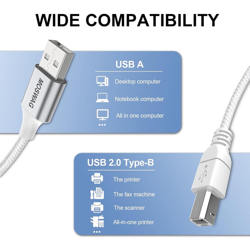 كابل طابعة USB MOSWAG بطول 6.6 قدم/2 متر، كابل طابعة USB متين USB 2.0 من ذكر نوع A إلى ذكر نوع B، كابل ماسح ضوئي عالي السرعة لـ HP وCanon وDell وEpson وLexmark وXerox وBrother وSamsung والمزيد - Image 3