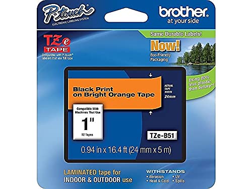 brother شريط Brother Genuine P-touch TZE-B51، بعرض 1" (0.94")، شريط لامع قياسي، أسود على برتقالي فوسفوري، لامع للاستخدام الداخلي أو الخارجي، مقاوم للماء، 0.94" × 16.4' (24mm × 5M)، TZEB51 - Image 2