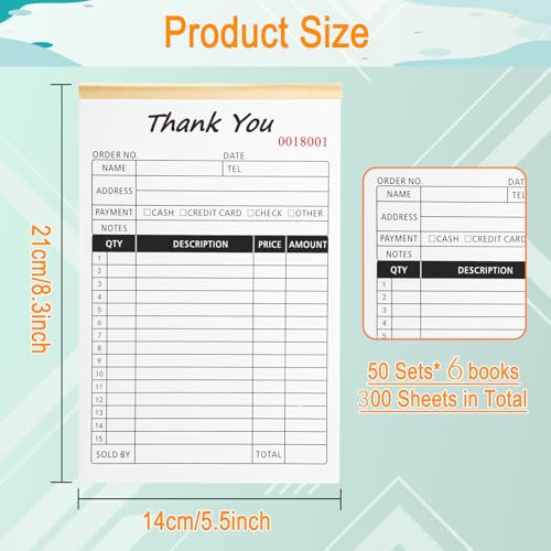 Homvle 6 Pack Sales Order Books, 2-Part Carbonless Sales Invoice Book with Cardboard for Small Boutique Business, (8.3x5.5 Inches, 50 Sets) - Image 2