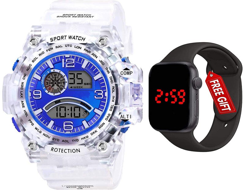 Acnos Plastic Premium Brand-A Digital Watch With Square Led Shockproof Multi-Functional Automatic Blue Dial White Strap Waterproof Digital Sports Watch For Men's Kids,Boys - Watch For Men Pack Of 2 - Image 2