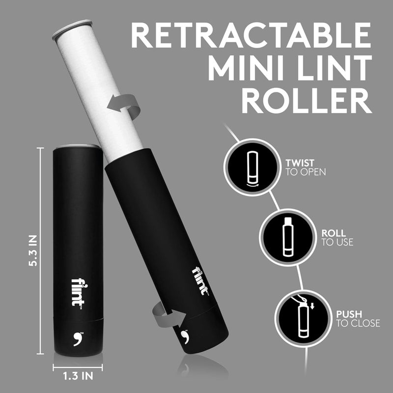 Flint Classic Black Retractable Mini Lint Roller with 30 Extra Sticky Sheets, Small and Portable Lint Roller, Ideal Pet Hair Remover, Travel Lint Rollers for pet Hair Extra Sticky - Image 2