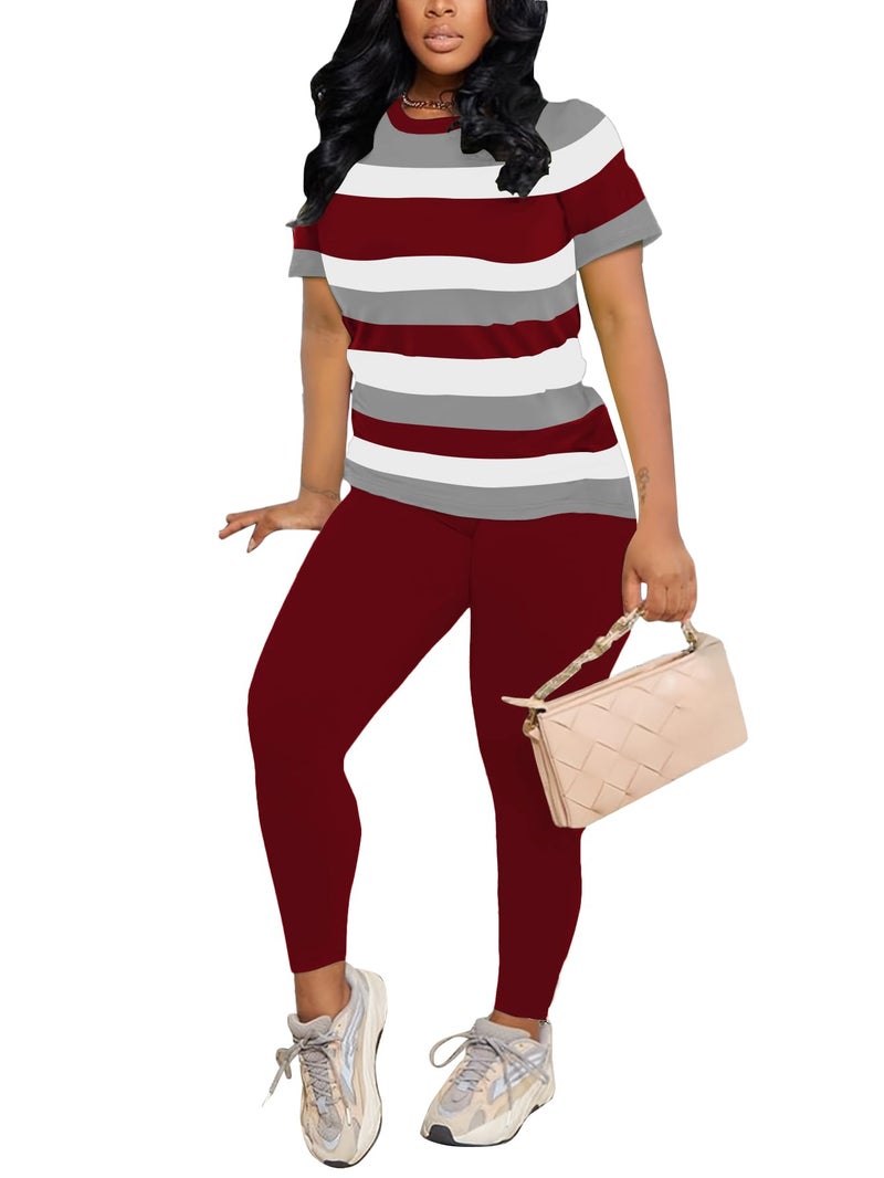 HBQ Women 2 Piece Outfits Summer Sweatsuits Slim Fit Track Suits Biker Short Workout Jogger Sets Stripe M - Image 3